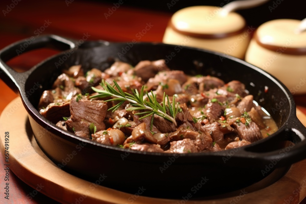 Sticker miniature skillet of beef stroganoff for individual serving