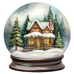 Watercolor Vintage Christmas in Cozy Winter House Snow Globe Festive Watercolor Clipart for Holiday Decorations, isolated On A White Background
