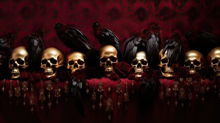 Opulent display of golden skulls, black feathers, and garnet gems against a rich burgundy canvas - obrazy, fototapety, plakaty