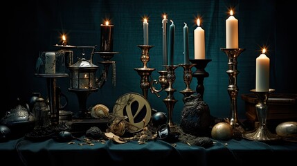 Fototapeta na wymiar Sophisticated array of black candles, silver goblets, and aged letters on a deep teal velvet