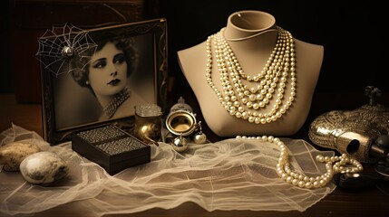 Timeless layout of cobwebs, vintage photographs, and pearl necklaces against a faded sepia backdrop