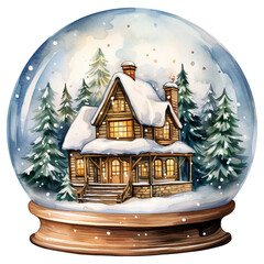 Watercolor Vintage Christmas in Cozy Winter House Snow Globe Festive Watercolor Clipart for Holiday Decorations, isolated On A White Background