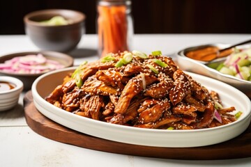 a ceramic plate of bourbon bbq pulled chicken sprinkled with sesame seeds - obrazy, fototapety, plakaty