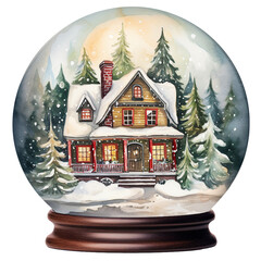 Watercolor Vintage Christmas in Cozy Winter House Snow Globe Festive Watercolor Clipart for Holiday Decorations, isolated On A White Background