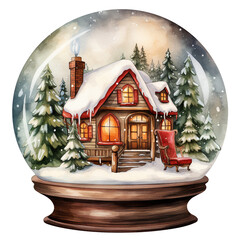Watercolor Vintage Christmas in Cozy Winter House Snow Globe Festive Watercolor Clipart for Holiday Decorations, isolated On A White Background