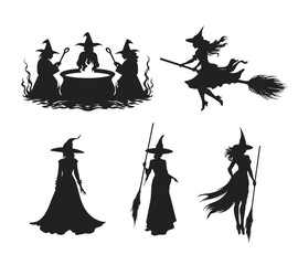 Halloween black silhouettes of witch isolated on white background. Vector illustration. Generated AI