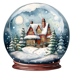 Watercolor Vintage Christmas in Cozy Winter House Snow Globe Festive Watercolor Clipart for Holiday Decorations, isolated On A White Background