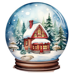 Watercolor Vintage Christmas in Cozy Winter House Snow Globe Festive Watercolor Clipart for Holiday Decorations, isolated On A White Background