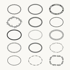 Oval frame collection. Horizontal elliptical border set. Doodle sketch style simple shapes. Hand drawn vector illustration, cut out isolated elements for decoration. Monochrome wreath