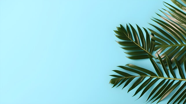 Creative layout of colorful tropical palm leaf on pastel blue background. minimal summer exotic concept with copy space, flat lay.