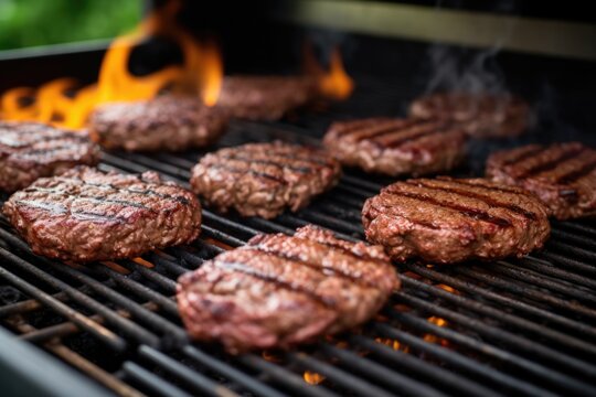 Multiple Burger Patties Flipping In Succession On A Large Grill