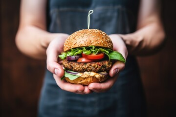 a vegetarian burger being held by a hand - obrazy, fototapety, plakaty