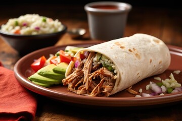 juicy pulled pork burrito on a rustic ceramic plate