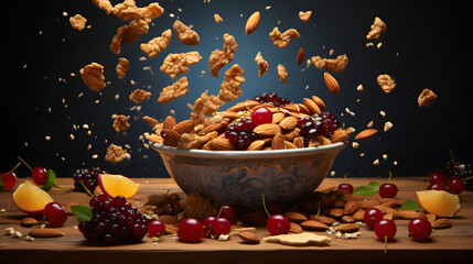 A bowl filled with cereal nuts and cranberries flying