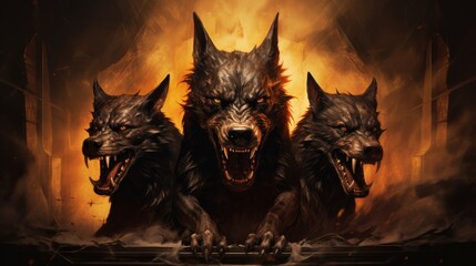 Illustration of Cerber hound of Hades, guardian of the underworld. A scary fierce beast dog with three heads. A frightening dog, Cerberus, Guardian of hell, with fire. - obrazy, fototapety, plakaty