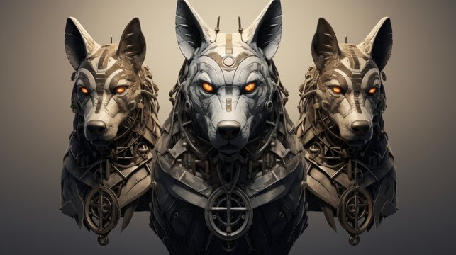 3D render of Cerber, hound of Hades, guardian of the underworld. A scary fierce beast dog with three heads. A frightening dog, Cerberus, Guardian of hell.