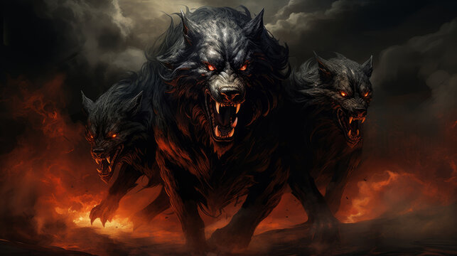 Illustration of Cerber hound of Hades, guardian of the underworld. A scary fierce beast dog with three heads. A frightening dog, Cerberus, Guardian of hell, with fire.