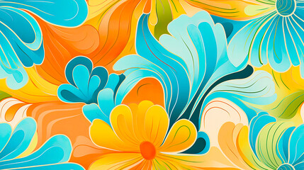 Fototapeta na wymiar Seamless Colorful 70s Retro Style poster art with flowers, and psychedelic wavy shapes, colors in orange, pale blue, yellow and greens. Background texture or wall art.