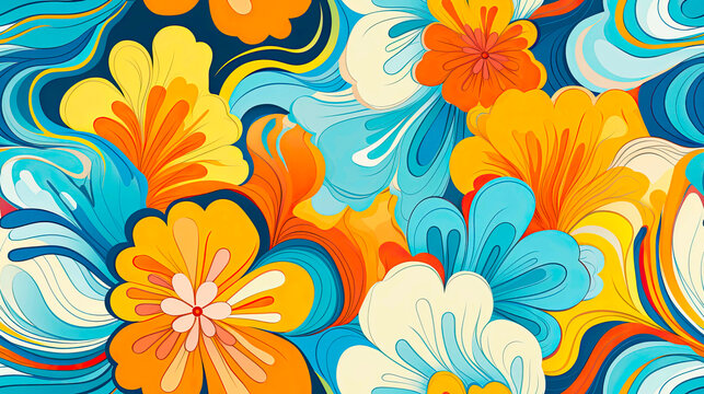 Seamless Colorful 70s Retro Style poster art with flowers, and psychedelic wavy shapes, colors in orange, pale blue, yellow and greens. Background texture or wall art.