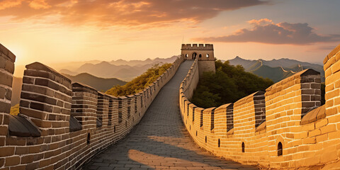 photograph of Great wall under sunshine during sunset wide angle lens realistic sunset lighting generative ai - obrazy, fototapety, plakaty