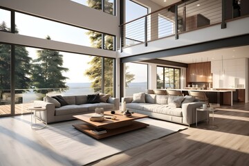 Beautiful living room interior in new luxury home with open concept floor plan. Generative AI 