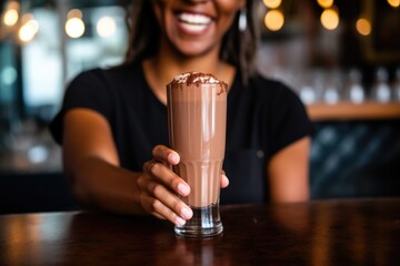 hand serving a frothy chocolate milkshake with a broad smile - Powered by Adobe