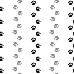 Pet paw black prints trail. Seamless border with domestic dog or cat cute footprints silhouette. Vector illustration isolated on white background.