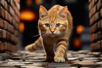 An orange tabby cat walking down an alley with red brick houses, lower angle