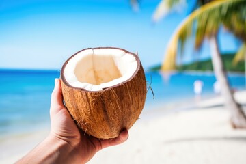 hand holding a coconut in a beach setting, straw inserted