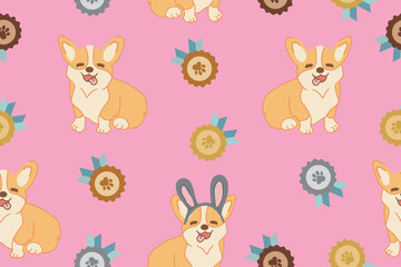 Seamless pattern with cartoon Corgi dog pattern and medals. Vector illustration on a pink background. 