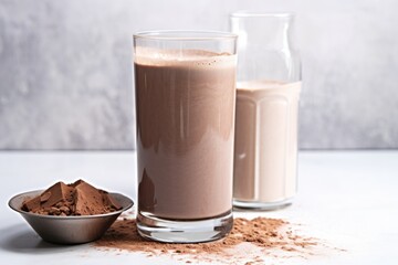 a glass of chocolate milk with ice, next to a cocoa powder box