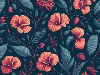Möbelaufkleber Colorful Botanical Hibiscus Flower Pattern Illustration on Dark Background. Vintage Floral Wallpaper Design for Banner, Invitation, Greeting Card. AI Generated. © articular