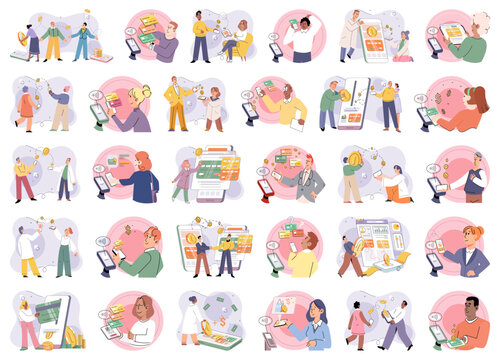 Cashless payment. Vector illustration. Touchless payment methods are compatible with wide range of devices, including smartphones and smartwatches Cashless payments contribute to reducing need