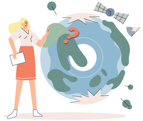 Scientist conducts research to study planet inside and outside lithosphere, hydrosphere and atmosphere. Studying physical aspect of globe, geophysics, geochemistry, continents, sea, ocean and forest