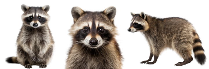 raccoon collection (portrait, sitting, standing), animal bundle isolated on a white background as transparent PNG