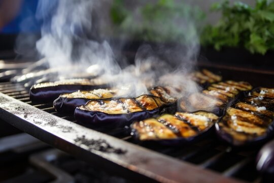 blur of smoke billowing from eggplants on a griddle