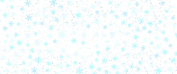 Fototapeta na wymiar Winter Snowfall and snowflakes turquoise blue background. Cold winter Christmas and New Year background. Winter landscape with falling Christmas shining beautiful snow.