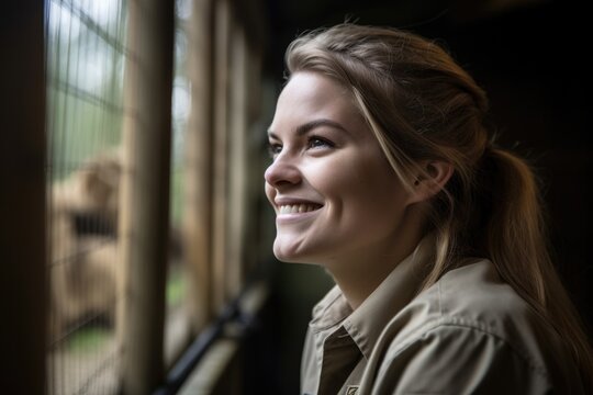 a photo of a female zookeeper looking away and smiling into the distance