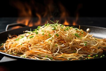 cruncy shoestring french fries tossed on a pan