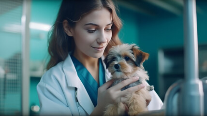 veterinarian examine dog during appointment in veterinary clinic. generative ai