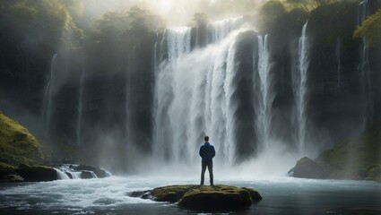 A large waterfall with a man standing in front