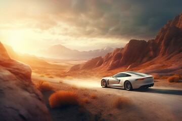 Artistic rendition: fast car amidst majestic landscapes. Generative AI