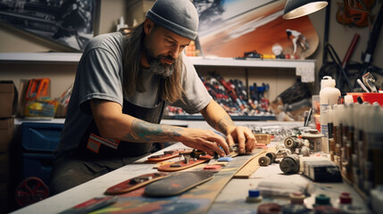 Owner of a small skateboard business, at work,