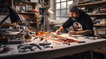 Owner of a small skateboard business, at work,