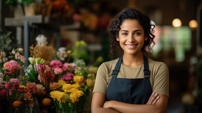 Flower Shop Woman Business Owner Smile At Shop