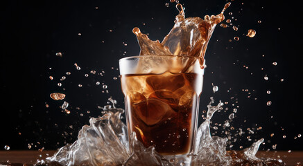 Cola splash,ice cube, glass of cola splash isolated on black background,cola glass, fresh drinking