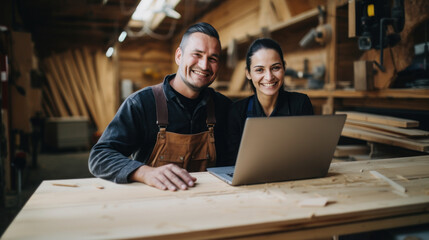 The owner couple of a small carpentry business smiled happily using laptop - obrazy, fototapety, plakaty