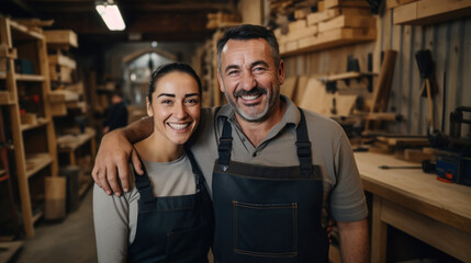 Obraz premium The owner couple of a small carpentry business smiled happily