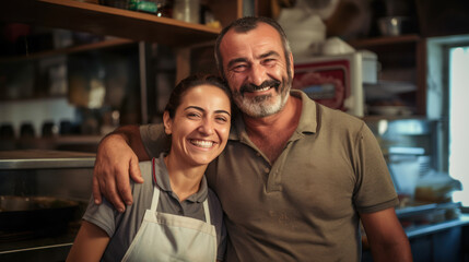 The owner couple of a small pizza business smiled happily