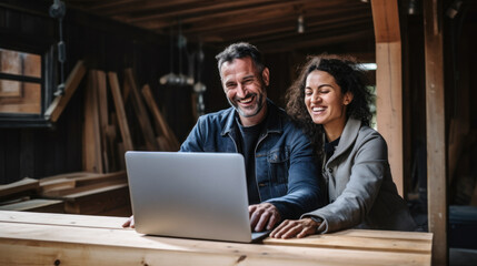 The owner couple of a small carpentry business smiled happily using laptop - obrazy, fototapety, plakaty